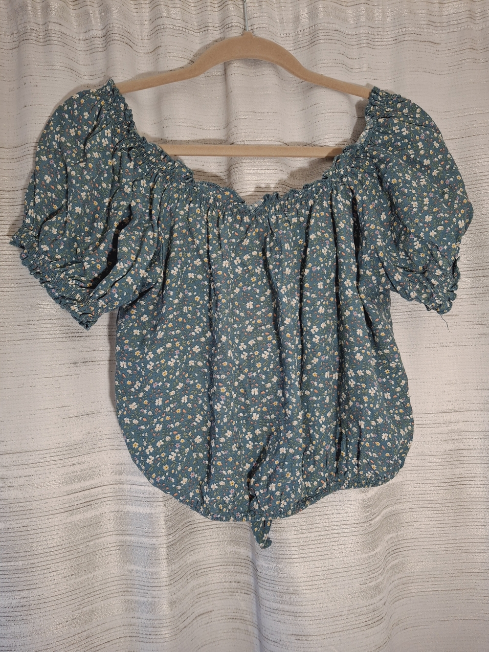American Eagle Outfitters Teal Floral Off-Shoulder Puff Sleeve Crop Top Medium